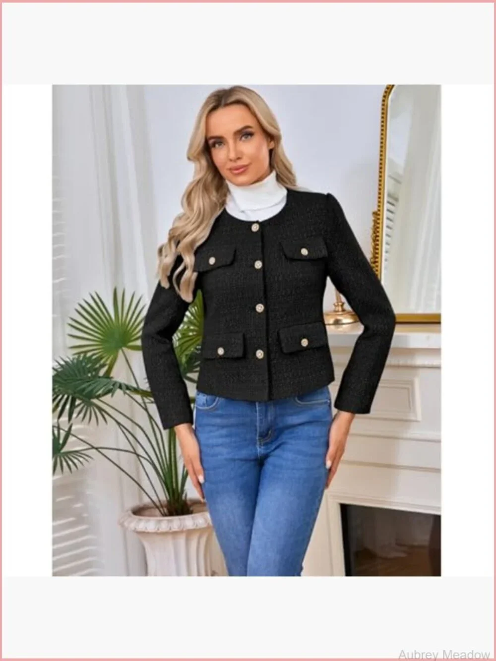 Women's Tweed Blazer Jacket Casual Long Sleeve Button Down Cropped Coat